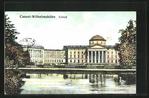 AK Kassel-Wilhelmshöhe, am Teich mit Blick auf das Schloss