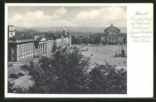 AK Kassel, Friedrichsplatz mit Blick auf Staatstheater, landesbibliothek, kriegsschule und kath. Kirche