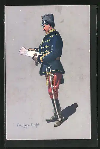 Künstler-AK österreichische Uniform, Oest.-Ung. Husarenstabsoffizier 1914 /15