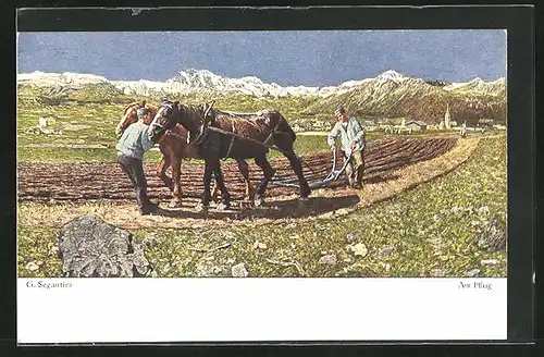 Künstler-AK Giovanni Segantini: Bruckmanns Bildkarte Nr. 25, Bauern arbeiten mit dem Pferdepflug