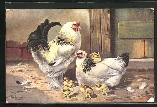 Künstler-AK Alfred Schönian: zwei Hühner mit ihren Küken