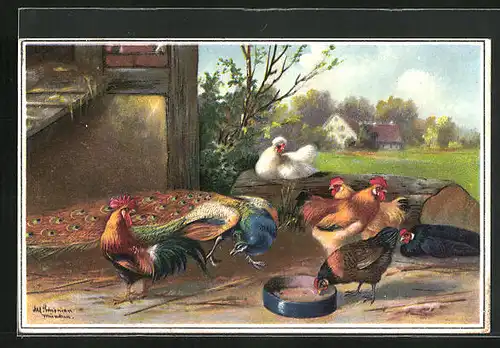 Künstler-AK Alfred Schönian: ein Pfau zwischen Hühnern auf dem bauernhof