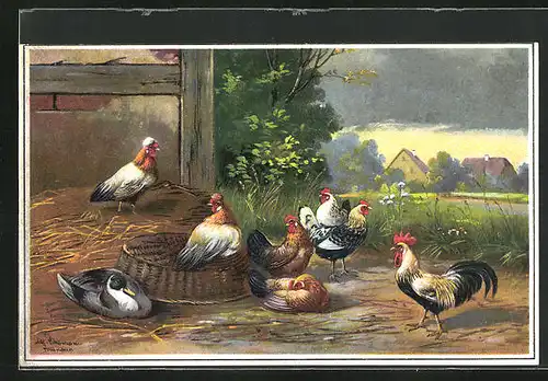Künstler-AK Alfred Schönian: eine Ente unter Hühnern auf dem Bauernhof