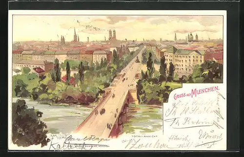 Künstler-AK Carl Münch: München, Totalansicht mit der Brücke im Vordergrund