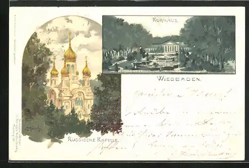 Künstler-AK Carl Münch: Wiesbaden, am Kurhaus, die Russische Kapelle