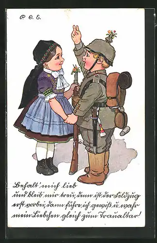 Künstler-AK P. O. Engelhard (P.O.E.): Mädchen in Tracht und Junge in Uniform