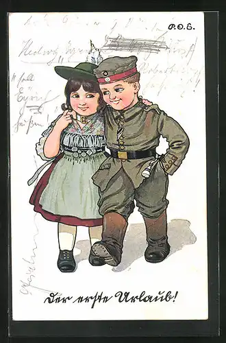 Künstler-AK P. O. Engelhard (P.O.E.): Junge in Uniform mit Freundin im Arm