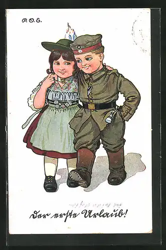 Künstler-AK P. O. Engelhard (P.O.E.): Junge in Uniform, Mädchen im Trachtenkleid