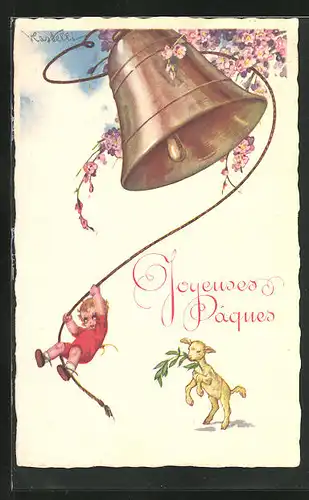 Künstler-AK Castelli: Joyeuses Paques, Läuten der Glock, kleines Lamm