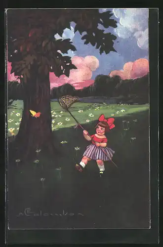 Künstler-AK E. Colombo: Mädchen mit Käscher fängt einen Schmetterling