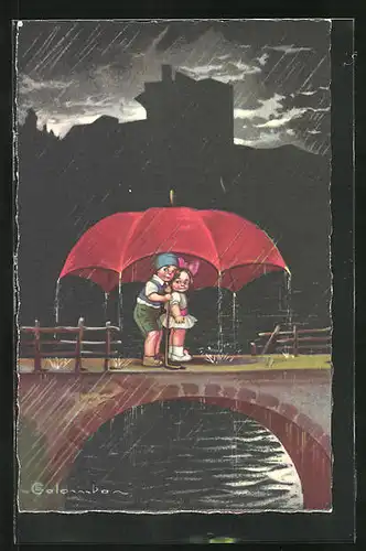 Künstler-AK E. Colombo: zwei Kinder auf einer Brücke unter einem grossen Regenschirm