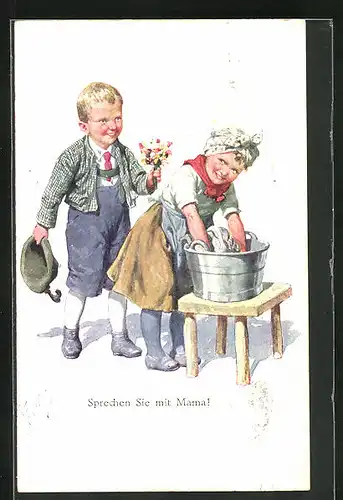 Künstler-AK Karl Feiertag: junge Dame wäscht Wäsche, ein Junge mit Blumen