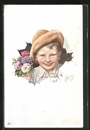 Künstler-AK Karl Feiertag: Portrait eines Jungen mit Hut und einem Blumenstrauss