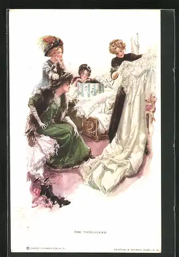 Künstler-AK Harrison Fisher: the Trousseau, Frauen probieren Kleider an