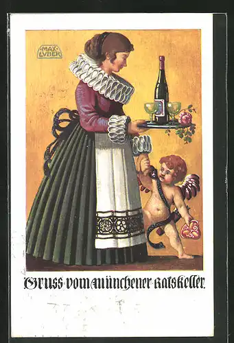 Künstler-AK Carl Kunst: Münchner Ratskeller, Kellnerin mit Amor