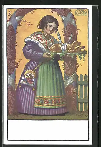 Künstler-AK Max Luber: Frau in Tracht serviert ein verzehrfertiges Ferkel