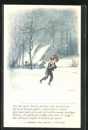 Künstler-AK Francisque Poulbot: frierender Junge spaziert durch den Schnee
