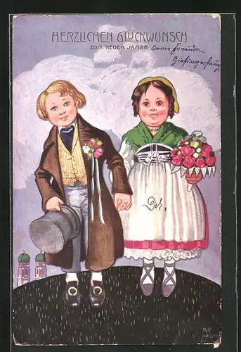 Künstler-AK Rolf Winkler: Junge und Mädchen in Trachten, Neujahresgrüsse