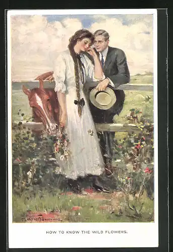 Künstler-AK Clarence F. Underwood: How to know the wild flowers, Mann mit Pferd und Frau am Zaun