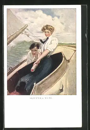 Künstler-AK Clarence F. Underwood: Skipper Mate, Frau steuert ein Segelboot