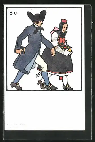 Künstler-AK Otto Ubbelohde: hessische Tracht, Mann und Frau mit Buch in der Hand