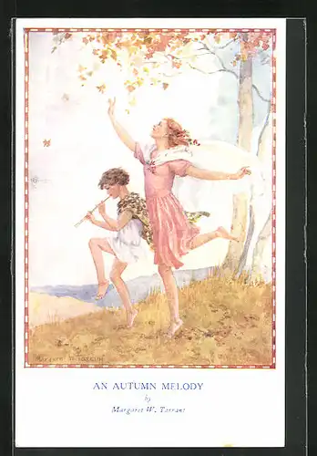 Künstler-AK Margaret W. Tarrant: an autumn Melody, Junge spielt Flöte und Mädchen tanzt