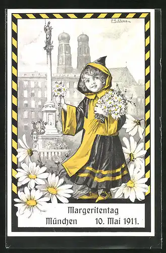 Künstler-AK Ernst Schlemo: Blumentag, Münchner Kindl, der Margaritentag am 10. Mai 1911
