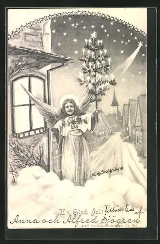 Künstler-AK Charles Scolik: Engel mit Weihnachtsbaum in der Stadt