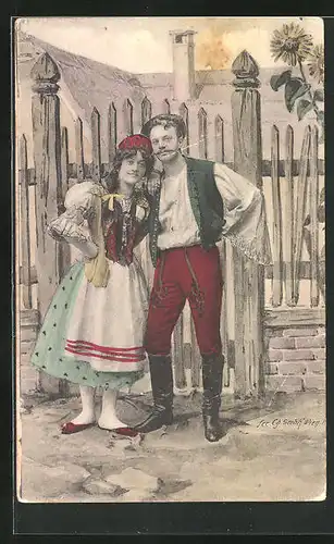 Künstler-AK Charles Scolik: Pärchen in Trachtenkleidern am Gartentor