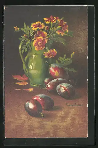 Künstler-AK Clara von Sivers: Stilleben Blumenvase mit Pflaumen