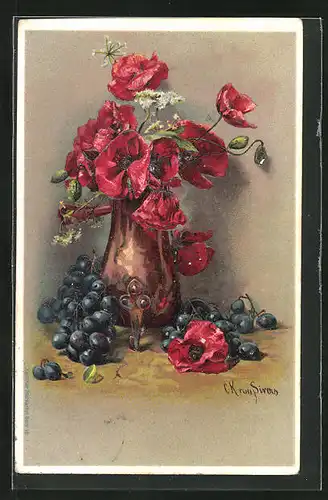 Präge-Künstler-AK Clara von Sivers: Stilleben Blumenvase mit roten Trauben
