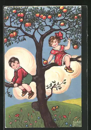 Künstler-AK Margret Boriss: Junge und Mädchen auf Apfelbaum geklettert