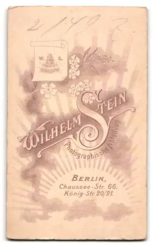 Fotografie Wilhelm Stein, Berlin, Chausseestr. 66, Portrait brünettes Fräulein im Kleid am Geländer stehend