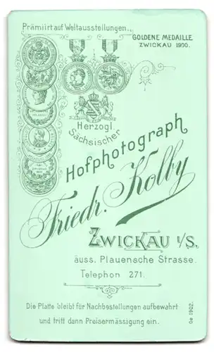 Fotografie Friedr. Kolby, Zwickau i. Sa., Äuss. Plauensche Str., Portrait schönes Fräulein in elegant besticktem Kleid