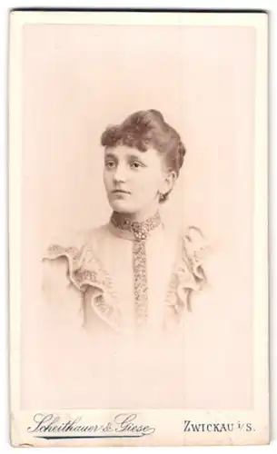 Fotografie Scheithauser & Giese, Zwickau i. Sa., Äuss. Plauensche Str. 24, Portrait hübsche Dame mit Stickerei am Kleid