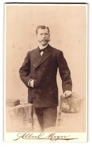 Fotografie Albert Meyer, Berlin, Alexanderstr. 45, Portrait stattlicher Herr mit Bart und Fliege im Anzug