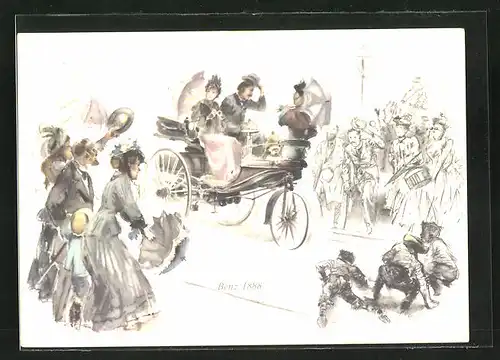 AK Menschen bestaunen erstes Auto, Benz 1888