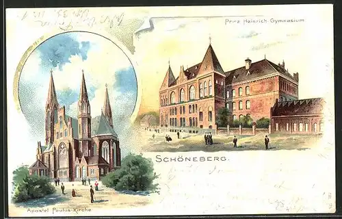 Lithographie Berlin-Schöneberg, Apostel Paulus-Kirche, Prinz Heinrich-Gymnasium