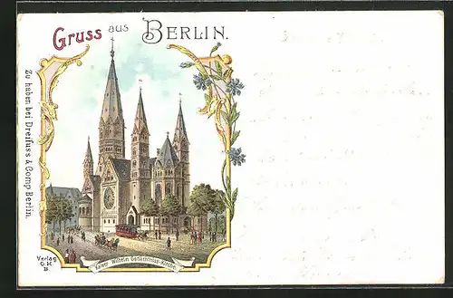 Lithographie Berlin-Charlottenburg, Strassenbahnverkehr vor der Kaiser Wilhelm Gedächtnis-Kirche