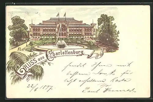 Lithographie Berlin-Charlottenburg, Flora mit Springbrunnen