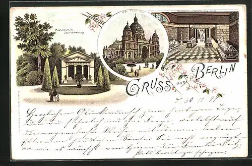 Lithographie Berlin-Charlottenburg, neuer Dom, Mausoleum, Aussen- und Innenansicht