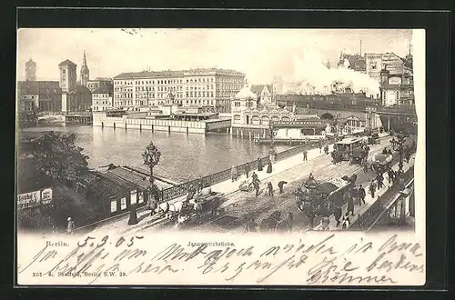 AK Berlin, Jannowitzbrücke mit Pferdekutschen, Dampferstation und Eisenbahn