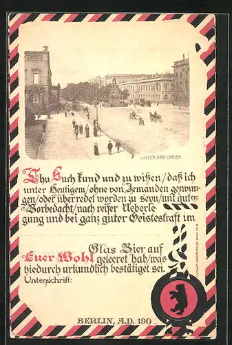 AK Berlin, Strasse Unter den Linden, Urkunde mit Siegel