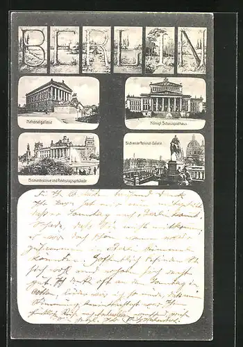 AK Berlin, Nationalgalerie, Kgl. Schauspielhaus, Bismarckstatue & Reichstagsgebäude