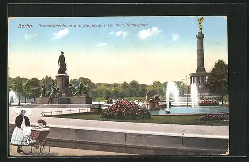 AK Berlin-Tiergarten, Bismarckdenkmal und Siegessäule auf dem Königsplatz