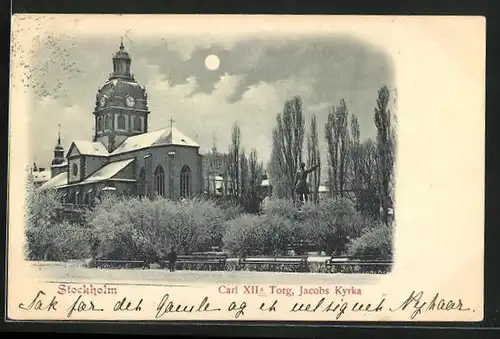 Mondschein-AK Stockholm, Carl XII. Torg, Jacobs Kyrka