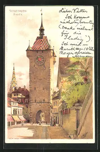 Künstler-AK Baden, Blick zum Stadtturm