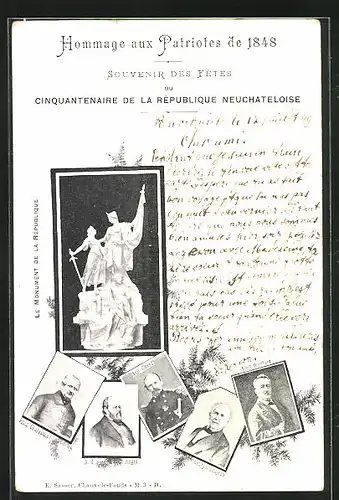 AK Neuchatel, Hommage aux Patriotes de 1848, le Monument de la République, Portraits Girard, Grandjean, Piagel