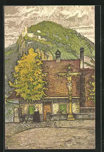 Künstler-AK Baden, Kirchplatz mit Schartenfels