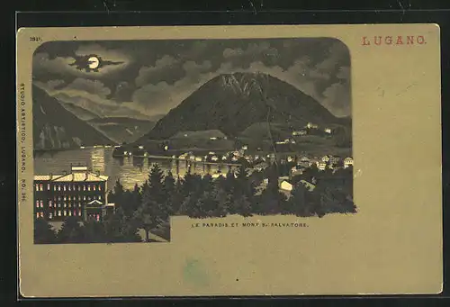 Mondschein-Lithographie Lugano, le Paradis et Mont S. Salvatore